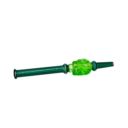 A green glass nectar collector with a glycerin skull design used for concentrates.
