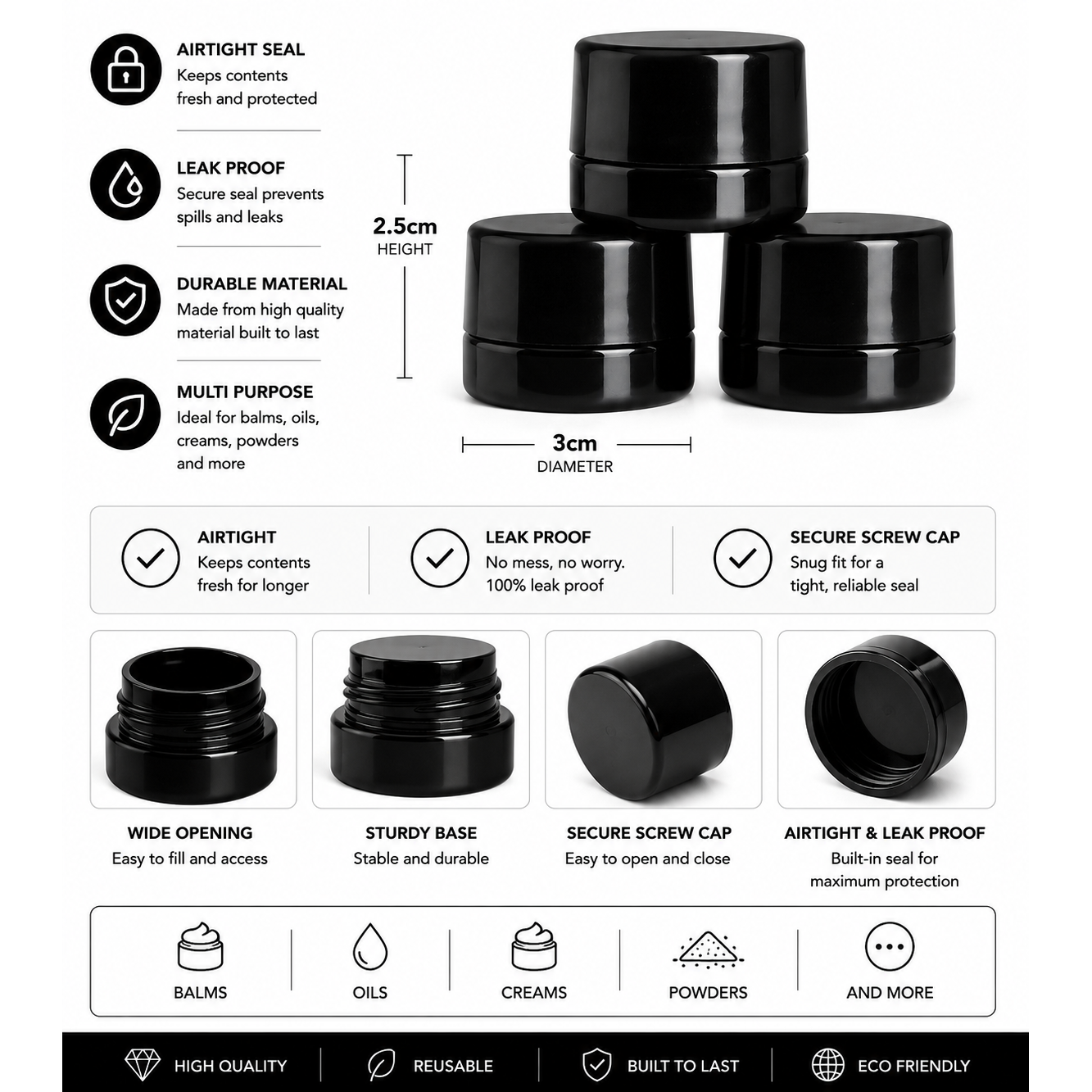 Black cosmetic jars with features listed on a white background