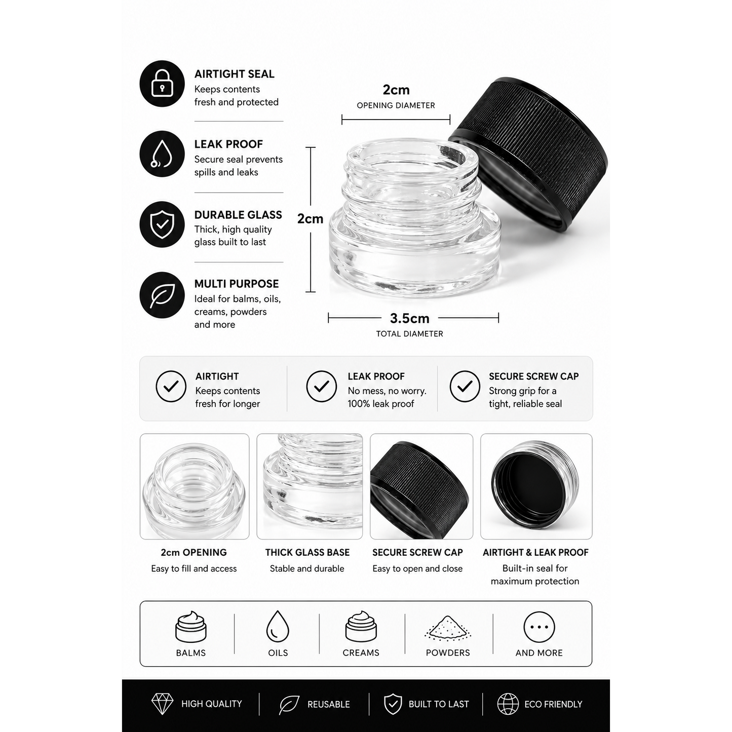 Clear cosmetic jars with features listed on a white background