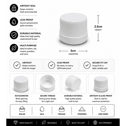 White cosmetic jars with features listed on a white background