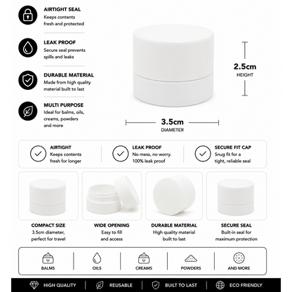 White cosmetic jars with features listed on a white background