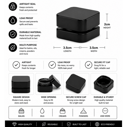 Black cosmetic jars with features listed on a white background