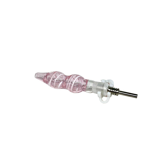 A pink and clear-colored nectar collector with a metal tip, designed for use with concentrates.