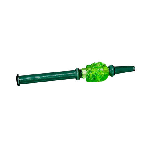 A green glass nectar collector with a glycerin skull design used for concentrates.
