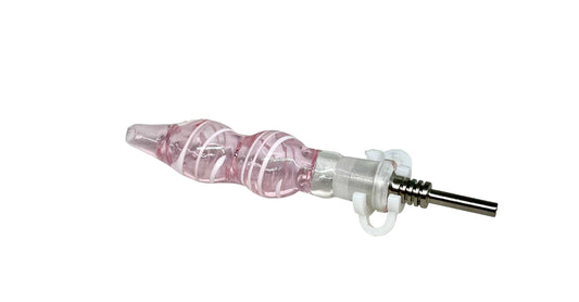 A pink and clear-colored nectar collector with a metal tip, designed for use with concentrates.