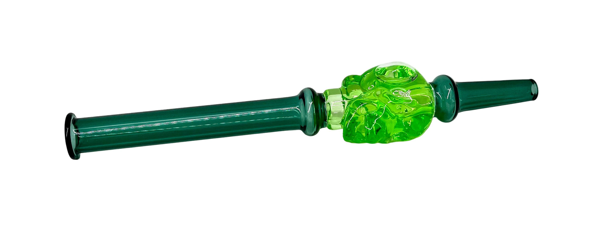 A green glass nectar collector with a glycerin skull design used for concentrates.