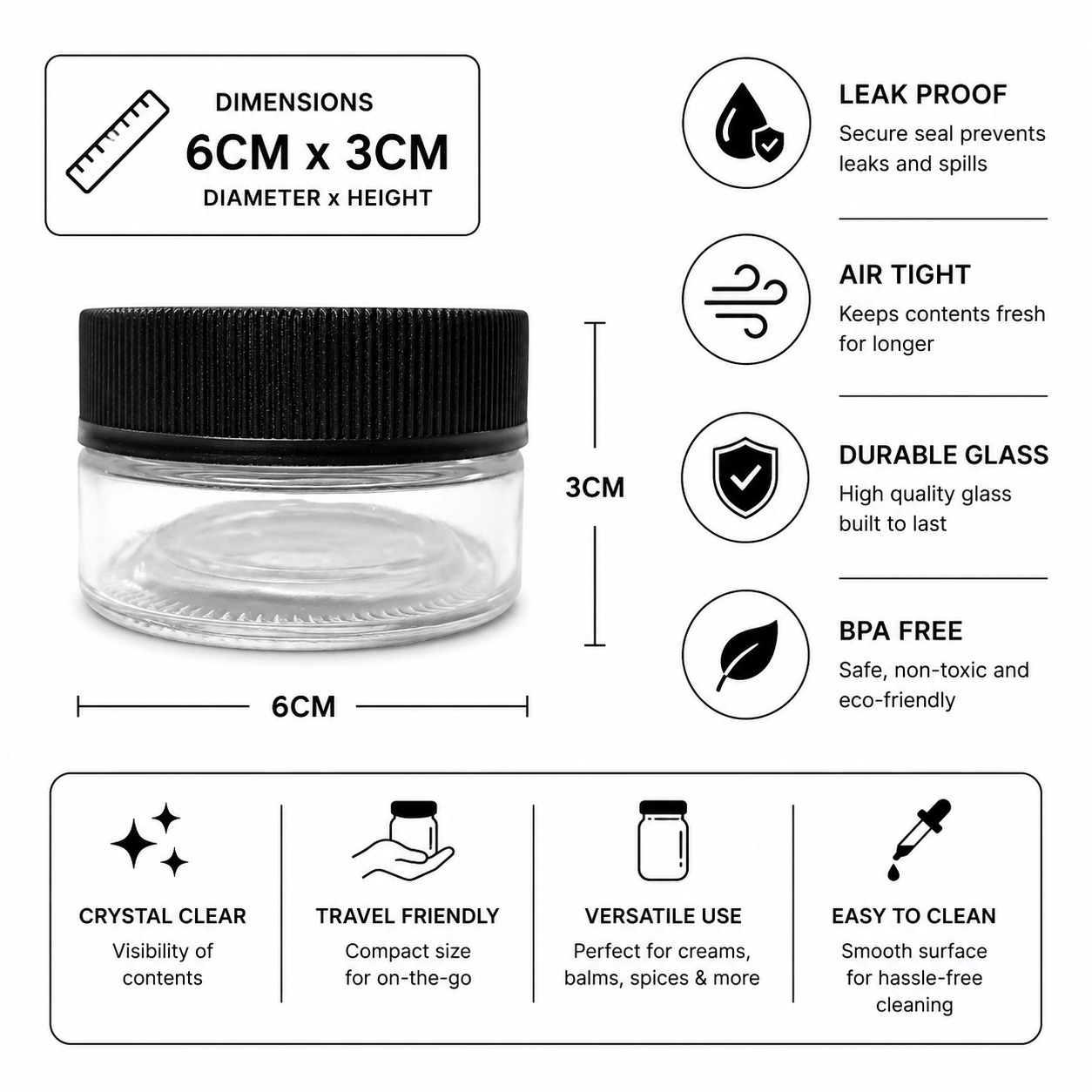 Clear cosmetic jars with features listed on a white background