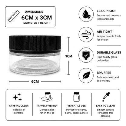 Clear cosmetic jars with features listed on a white background