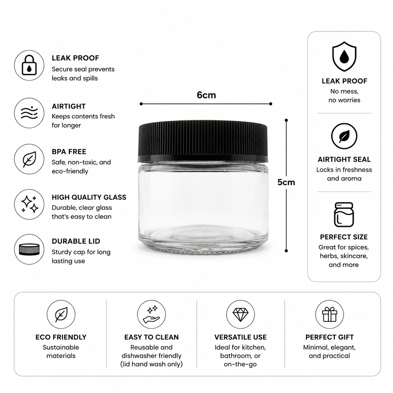 Clear cosmetic jars with features listed on a white background