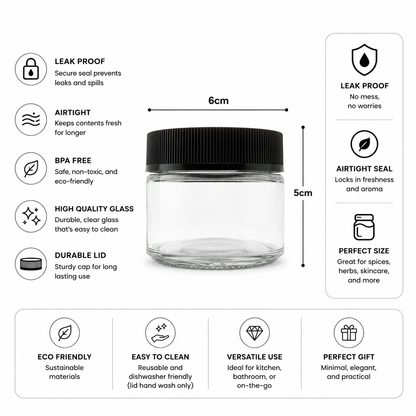 Clear cosmetic jars with features listed on a white background